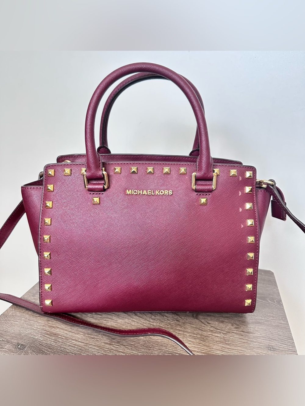 Michael Kors Selma Studded Burgundy Saffiano Leather Satchel